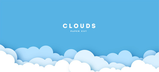 beautiful fluffy clouds on blue sky background. vector illustration. paper cut style. place for text