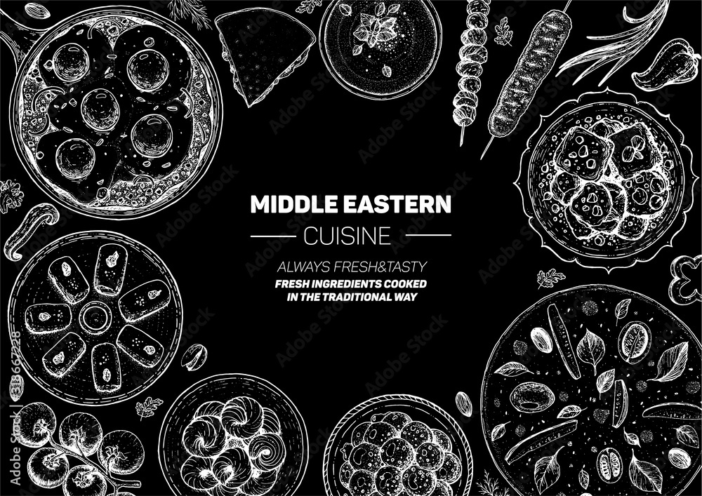 Manakis Vector Middle eastern food top view frame. Food menu design with manakish ...