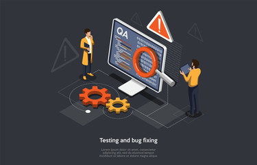 isometric concept of research and develop of mobile application. people are testing and bug fixing i