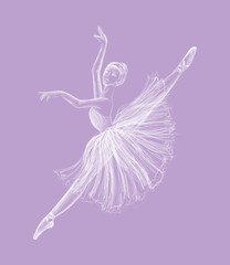 Wall Mural - Ballerina drawing hand-drawn with chalk on purple background