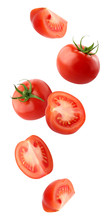 Falling Tomatoes Isolated On A White Background With A Clipping Path.