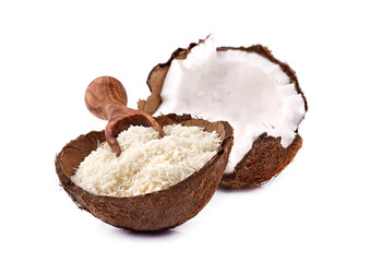 Coconut flakes in wooden bowl isolated on white background. Coconut with coconut flakes closeup.