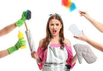 Poster - Funny housewife and hands with different items on white background