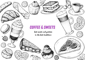 Wall Mural - Coffee shop menu design. Hand drawn sketch illustration. Coffee and desserts. Cafe menu elements. Desserts for breakfast.