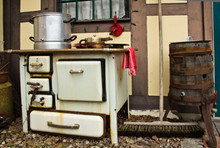 An Old Stove From Metal, Vintage, Historical For Cooking With Real Fire
