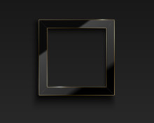 Vector Square Glossy Luxury Black And Golden Line Frame. Border For Photo, Picture, Congratulations, Quote. Realistic Glass Frame With Reflection Gold Edge On Dark Background