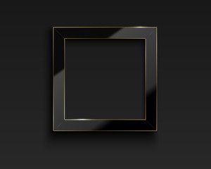 Vector square glossy luxury black and golden line frame. Border for photo, picture, congratulations, quote. Realistic glass frame with reflection gold edge on dark background