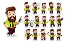 Bearded Hipster Playing Guitar, Listening To Music, Taking Picture, Selfie, Is Angry, Helpless, Standing With Arms Akimbo, Smoking, Using Smartphone, Bicycle. Vector Cartoon Big Set Isolated On White