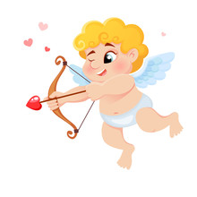Cute Cartoon Cupid With Bow, Arrow Of Love And Hearts.  Illustration For A Valentine's Day