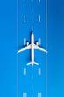 Aircraft model on blue runway, Top view. Concept of aircraft industry, airline safety, security and traveling insurance