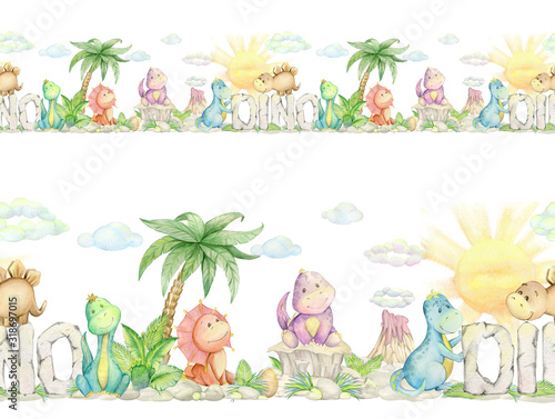 Download Cute Dinosaurs Palm Tree Volcano Plants Watercolor Seamless Pattern On An Isolated Background Prehistoric Animals For Printing On Fabric Digital Paper Stock Illustration Adobe Stock