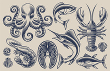 Set Of Vector Illustrations On The Sea Food Theme