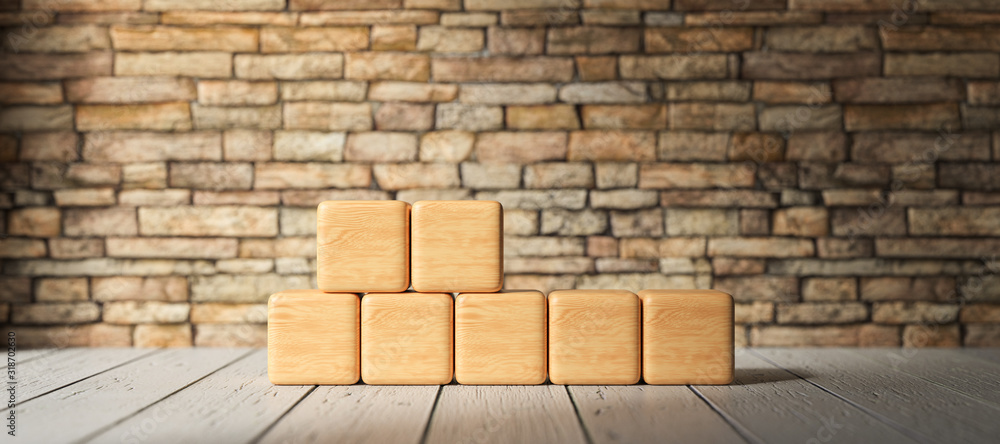 seven empty wooden blocks in 2 rows for own text in front of a brick ...