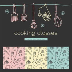 Wall Mural - Vector badge for Cooking classes. Seamless pattern for banner of cooking courses. Kitchen utensils pattern. Vector templates for bakehouse packaging in trendy line ink style. Bread house banner.