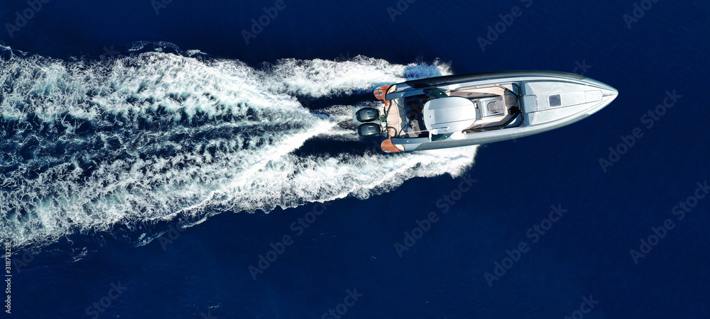 Aerial drone top view ultra wide photo of luxury inflatable rib speed ...