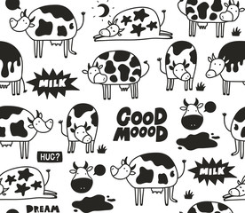 Black and white cow skin seamless patten with doodle animals.