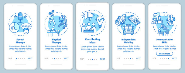 Inclusive program onboarding mobile app page screen with concepts. Therapy and inclusion in public life walkthrough five steps graphic instructions. UI vector template with RGB color illustrations