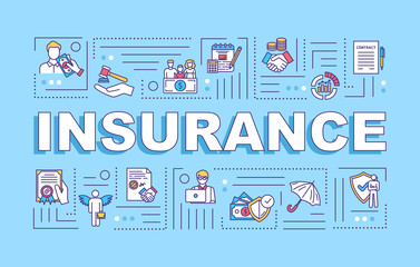 Insurance word concepts banner. General assurance. Risk management. Premium plan. Infographics with linear icons on blue background. Isolated typography. Vector outline RGB color illustration