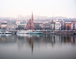 View on Buda riverbank covered in snow in Budapest, Hungary