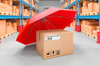 © alexlmx - Parcel under umbrella in storehouse, safety and protect delivery concept. 3D rendering