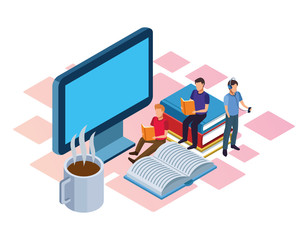 Poster - hot coffee mug, computer and people reading