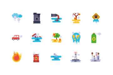 Sticker - Climate change global warning and pollution icon set vector design