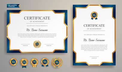 simple blue and gold certificate of achievement template with gold badge and border