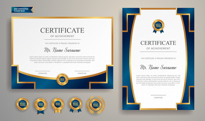 Elegant blue and gold certificate of achievement template with gold badge and border