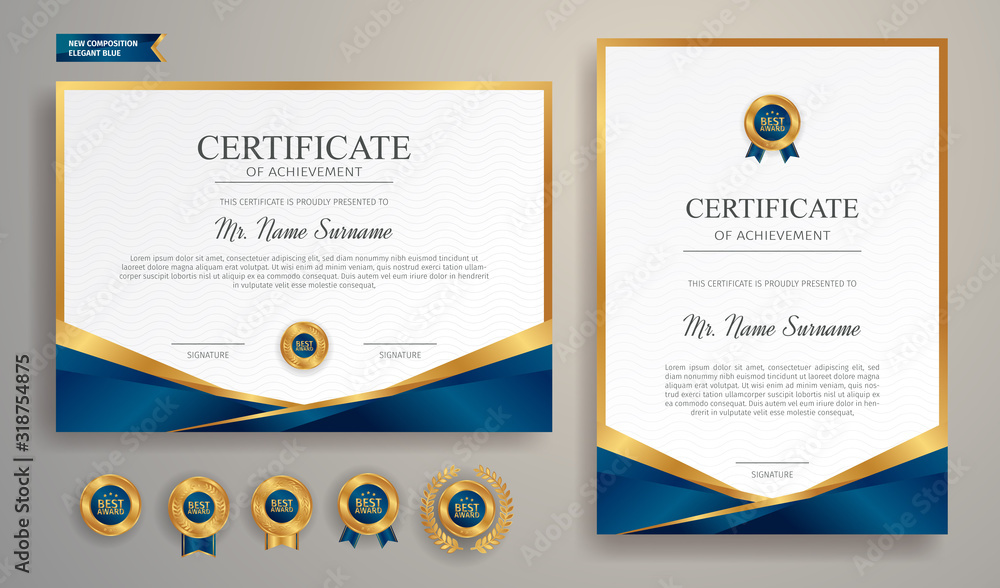 Elegant blue and gold certificate of achievement template with gold ...