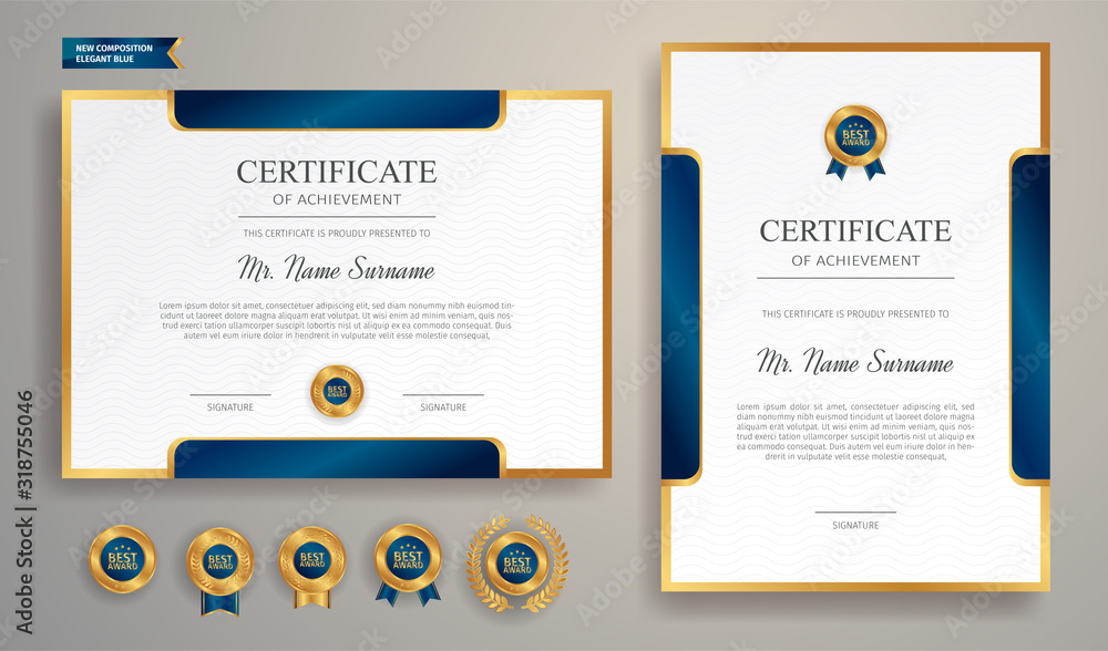 Elegant blue and gold certificate of achievement template with gold ...