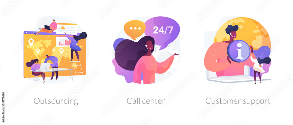 Company services and organizational management. Corporate helpline, client assistance. Outsourcing, call center, customer support metaphors. Vector isolated concept metaphor illustrations. - obrazy, fototapety, plakaty 