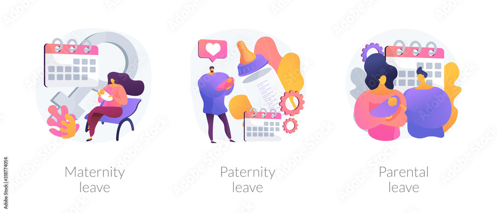 Gender equality issues in child upbringing. Trendy tendencies in infant kids care sharing. Maternity leave, paternity leave, parental leave metaphors. Vector isolated concept metaphor illustrations. - obrazy, fototapety, plakaty 