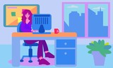 Fototapeta Młodzieżowe - Woman working in office with a city view from window. Desk with computer plant and board. Simple graphic flat cartoon colorful vector set.