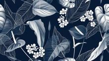 Floral Seamless Pattern, Anthurium Flowers With Leaves In Blue Tone On Dark Blue