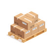 Isometric wooden pallet with big stack of cardboard boxes isolated on whte background. 3D warehouse packaging, storage and transportation concept. Vector illustration