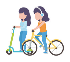 Canvas Print - young women riding scooter and bike cartoon characters