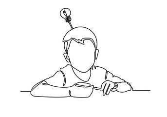 Continuous line of schoolboy raising his hand and pencil, idea and school