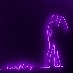 Wall Mural - woman posing with surfboard. vintage surfing graphic for web design. 3d rendering. neon shine silhou
