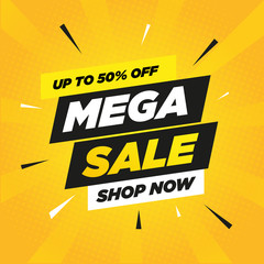 Wall Mural - Mega Sale banner promotion template comic design on yellow background, Big sale special offer promo. Vector illustration.