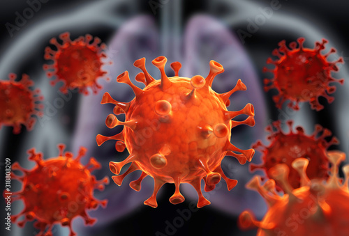 Fotografía Corona Virus vor Körper mit Lunge - Wuhan Virus