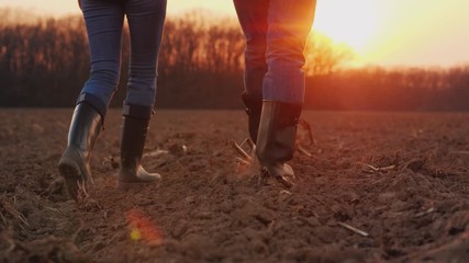 Wall Mural - Two people in working shoes walking along a plowed field at sunset