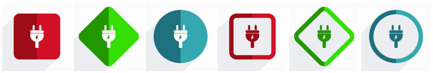 Aufkleber - Eletricity, energy, power, plug icon set, flat design vector illustration in 6 options for webdesign and mobile applications in eps 10