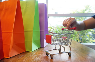 Woman shopping cart with Laptop for Internet online shopping concept