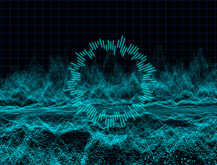 Wall Mural - Abstract dark background with moving loop texture particles.Motion graphic Backdrop of ball dot Animation of seamless.Digital blue-green color audio sound wave light.Dynamic mesh surface illustration