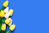 Fototapeta Tulipany - Background of spring flowers for card for the holiday. Women's Day. Selective focus. Horizontal. Top view. Background with copy space.
