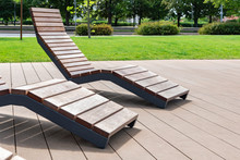 Modern City Architecture Design Concept - Empty Wooden Sun Beds In The Public Park