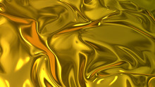 3D Render Beautiful Folds Of Golden Silk In Full Screen, Like A Beautiful Clean Fabric Background Like Gold Foil. Simple Soft Background With Smooth Folds Like Waves On A Liquid Surface.