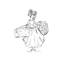 elegant lady carries gifts dressed in 19th style clothes. Graphic artistic vector art for vintage decoration, print, card, children's illustration for book