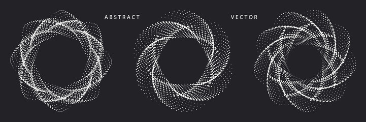 Wall Mural - set of monochrome spiral dotted graphic elements on dark background. geometric vector symbols.