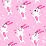 Fototapeta Dinusie - Seamless pattern with cartoon magic bunnies, decor elements on a neutral background. flat style, colorful vector for kids. hand drawing. baby design for fabric, wrapper, print, textile